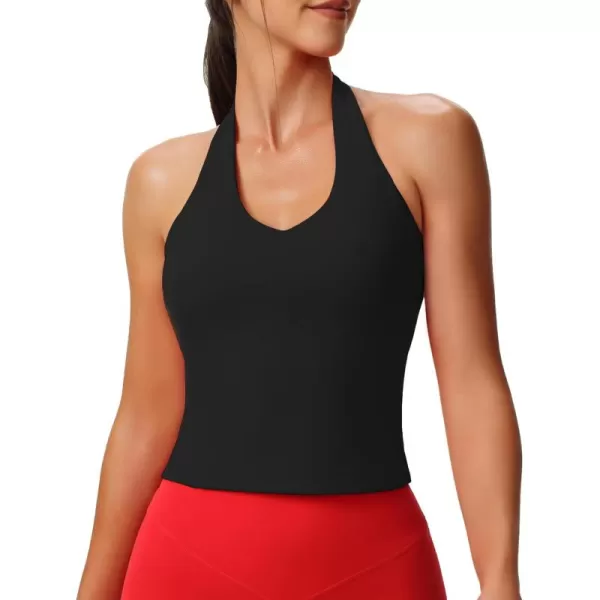 Aoxjox Womens Sleeveless Neck Tank Top Workout Gym Yoga Curve Longline Hailey Halter Crop TopBlack
