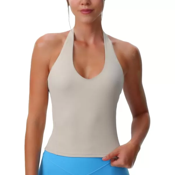 Aoxjox Womens Sleeveless Neck Tank Top Workout Gym Yoga Curve Longline Hailey Halter Crop TopMink