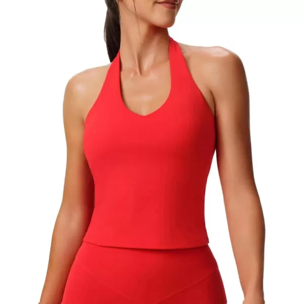 Aoxjox Womens Sleeveless Neck Tank Top Workout Gym Yoga Curve Longline Hailey Halter Crop TopRacing Red
