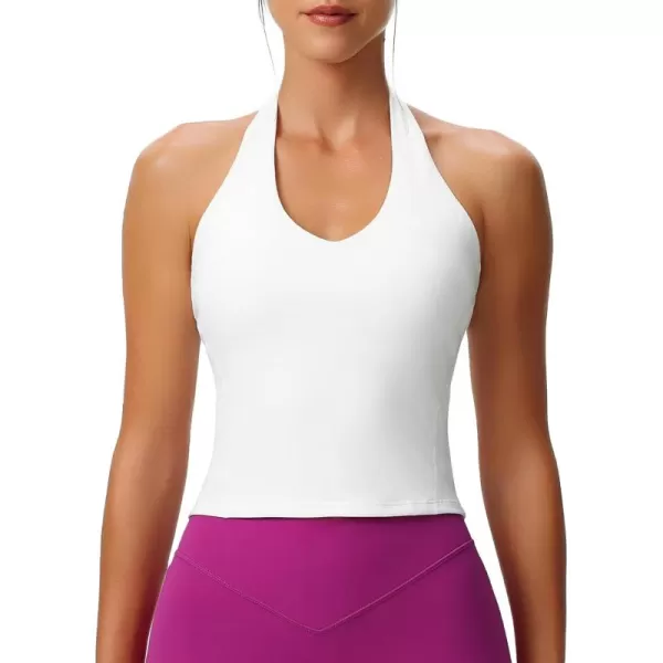 Aoxjox Womens Sleeveless Neck Tank Top Workout Gym Yoga Curve Longline Hailey Halter Crop TopWhite