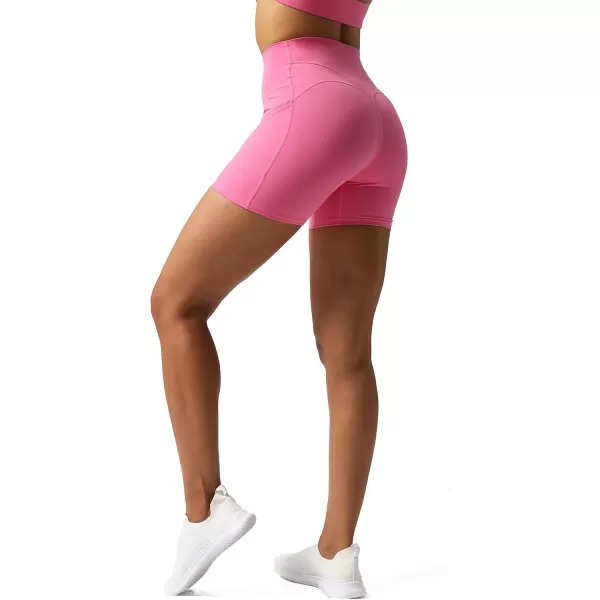 Aoxjox Biker Workout Shorts Women with Pocket Legend Tummy Control High Waisted Exercise Athletic Gym Running Yoga Shorts 5quotAzalea Pink