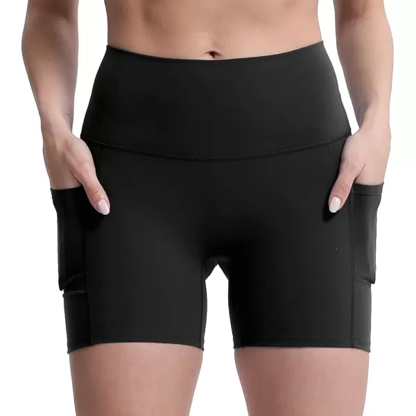 Aoxjox Biker Workout Shorts Women with Pocket Legend Tummy Control High Waisted Exercise Athletic Gym Running Yoga Shorts 5quotBlack