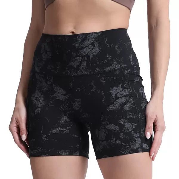 Aoxjox Biker Workout Shorts Women with Pocket Legend Tummy Control High Waisted Exercise Athletic Gym Running Yoga Shorts 5quotBlack Camo Print