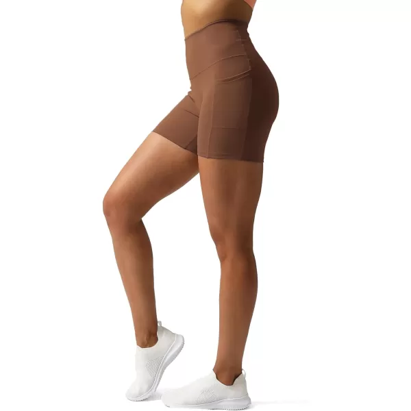 Aoxjox Biker Workout Shorts Women with Pocket Legend Tummy Control High Waisted Exercise Athletic Gym Running Yoga Shorts 5quotDandelion Brown