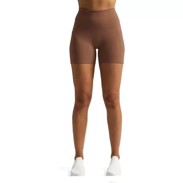 Aoxjox Biker Workout Shorts Women with Pocket Legend Tummy Control High Waisted Exercise Athletic Gym Running Yoga Shorts 5quotDandelion Brown