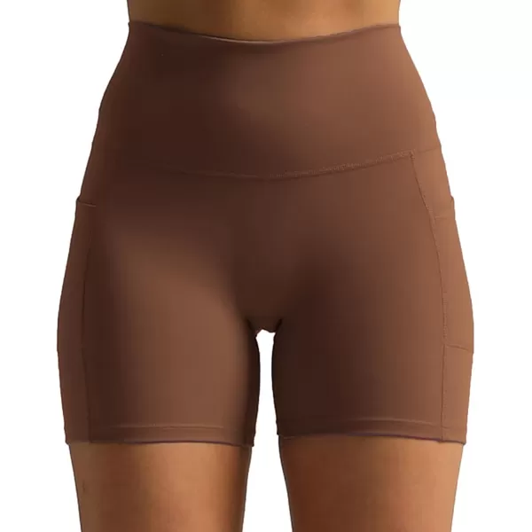 Aoxjox Biker Workout Shorts Women with Pocket Legend Tummy Control High Waisted Exercise Athletic Gym Running Yoga Shorts 5quotDandelion Brown