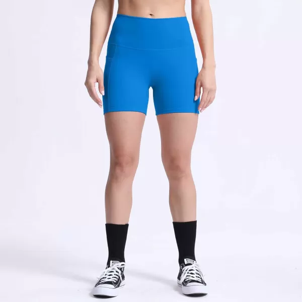 Aoxjox Biker Workout Shorts Women with Pocket Legend Tummy Control High Waisted Exercise Athletic Gym Running Yoga Shorts 5quotDirectoire Blue