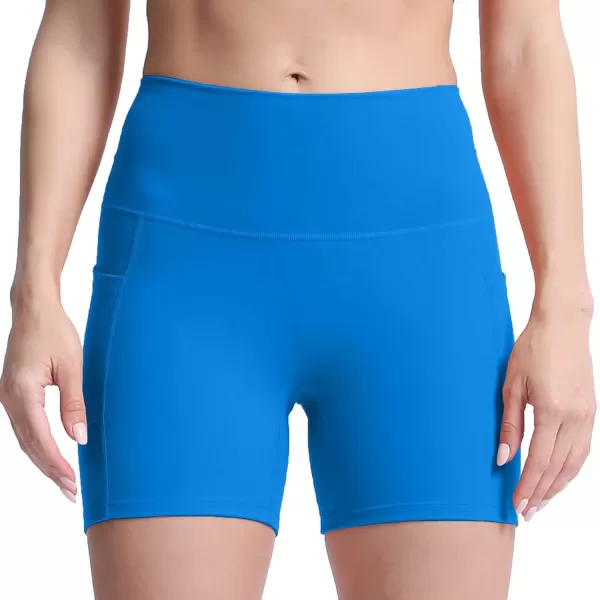 Aoxjox Biker Workout Shorts Women with Pocket Legend Tummy Control High Waisted Exercise Athletic Gym Running Yoga Shorts 5quotDirectoire Blue