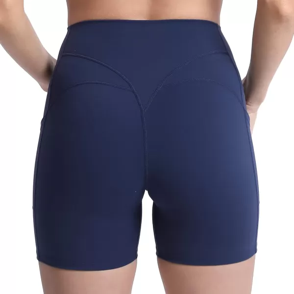 Aoxjox Biker Workout Shorts Women with Pocket Legend Tummy Control High Waisted Exercise Athletic Gym Running Yoga Shorts 5quotNavy