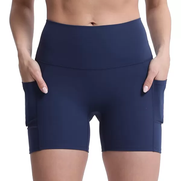 Aoxjox Biker Workout Shorts Women with Pocket Legend Tummy Control High Waisted Exercise Athletic Gym Running Yoga Shorts 5quotNavy