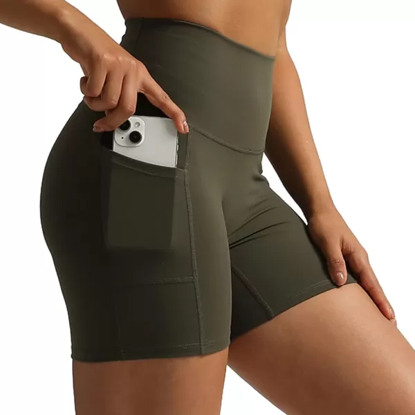 Aoxjox Biker Workout Shorts Women with Pocket Legend Tummy Control High Waisted Exercise Athletic Gym Running Yoga Shorts 5quotOlive Green