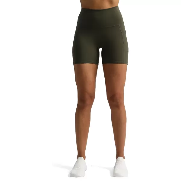 Aoxjox Biker Workout Shorts Women with Pocket Legend Tummy Control High Waisted Exercise Athletic Gym Running Yoga Shorts 5quotOlive Green