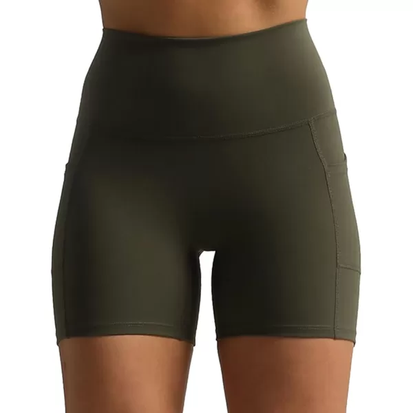 Aoxjox Biker Workout Shorts Women with Pocket Legend Tummy Control High Waisted Exercise Athletic Gym Running Yoga Shorts 5quotOlive Green