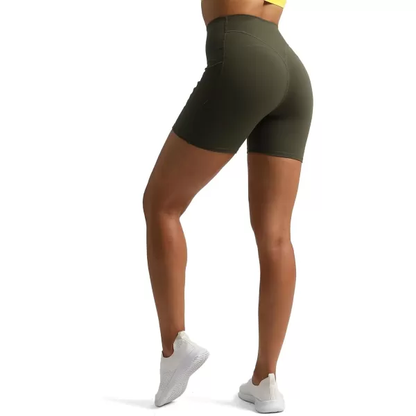 Aoxjox Biker Workout Shorts Women with Pocket Legend Tummy Control High Waisted Exercise Athletic Gym Running Yoga Shorts 5quotOlive Green