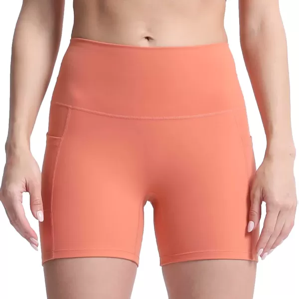Aoxjox Biker Workout Shorts Women with Pocket Legend Tummy Control High Waisted Exercise Athletic Gym Running Yoga Shorts 5quotOrange