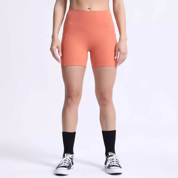 Aoxjox Biker Workout Shorts Women with Pocket Legend Tummy Control High Waisted Exercise Athletic Gym Running Yoga Shorts 5quotOrange