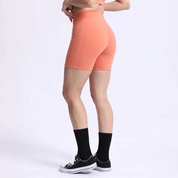 Aoxjox Biker Workout Shorts Women with Pocket Legend Tummy Control High Waisted Exercise Athletic Gym Running Yoga Shorts 5quotOrange