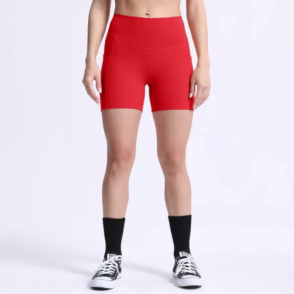 Aoxjox Biker Workout Shorts Women with Pocket Legend Tummy Control High Waisted Exercise Athletic Gym Running Yoga Shorts 5quotRacing Red