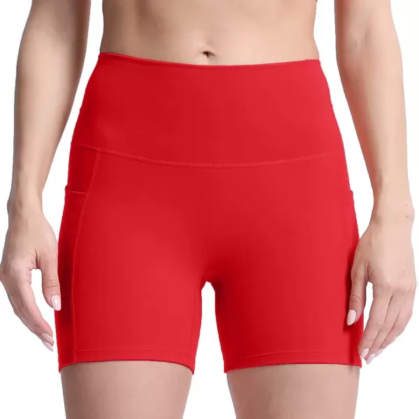 Aoxjox Biker Workout Shorts Women with Pocket Legend Tummy Control High Waisted Exercise Athletic Gym Running Yoga Shorts 5quotRacing Red
