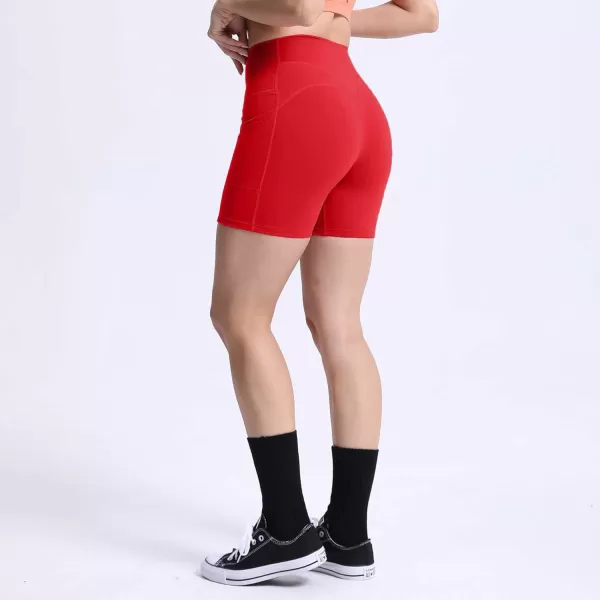 Aoxjox Biker Workout Shorts Women with Pocket Legend Tummy Control High Waisted Exercise Athletic Gym Running Yoga Shorts 5quotRacing Red