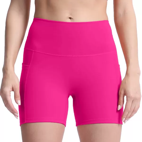 Aoxjox Biker Workout Shorts Women with Pocket Legend Tummy Control High Waisted Exercise Athletic Gym Running Yoga Shorts 5quotRose Red