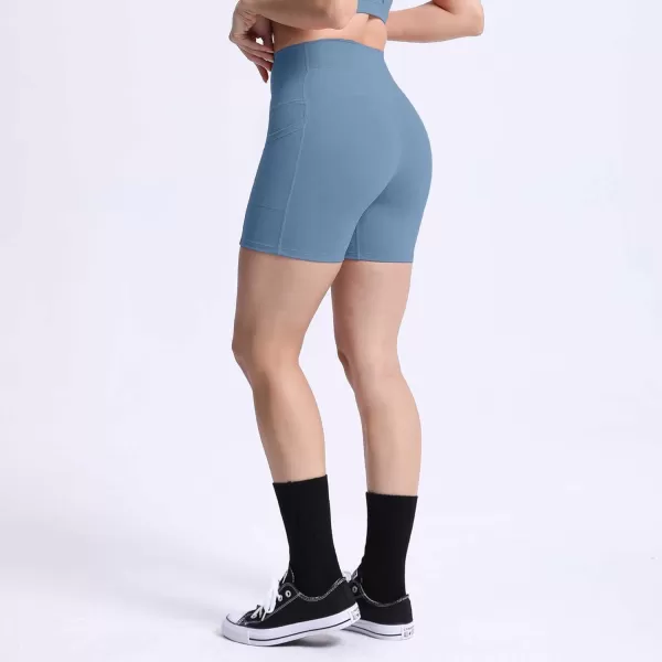 Aoxjox Biker Workout Shorts Women with Pocket Legend Tummy Control High Waisted Exercise Athletic Gym Running Yoga Shorts 5quotSteel Blue