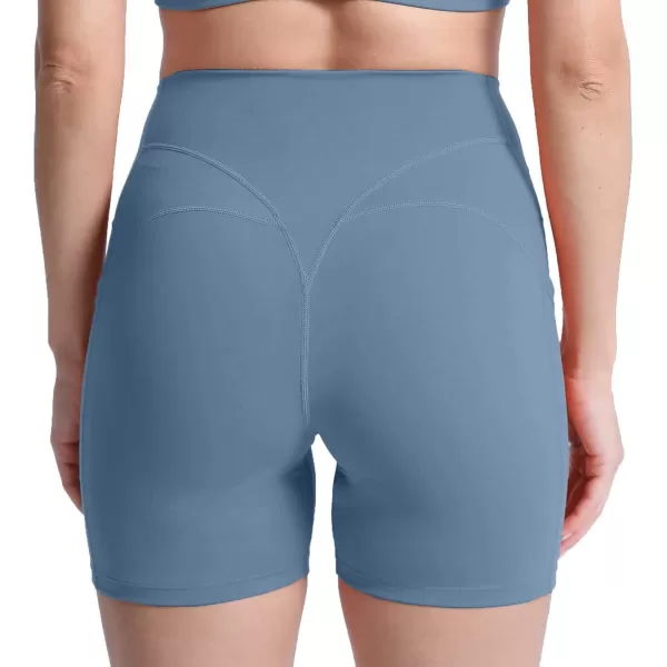 Aoxjox Biker Workout Shorts Women with Pocket Legend Tummy Control High Waisted Exercise Athletic Gym Running Yoga Shorts 5quotSteel Blue