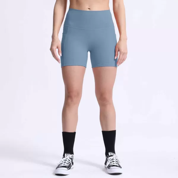 Aoxjox Biker Workout Shorts Women with Pocket Legend Tummy Control High Waisted Exercise Athletic Gym Running Yoga Shorts 5quotSteel Blue