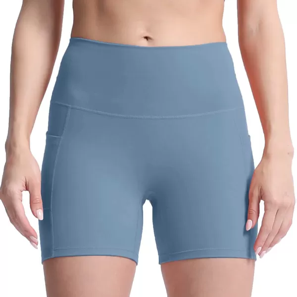 Aoxjox Biker Workout Shorts Women with Pocket Legend Tummy Control High Waisted Exercise Athletic Gym Running Yoga Shorts 5quotSteel Blue