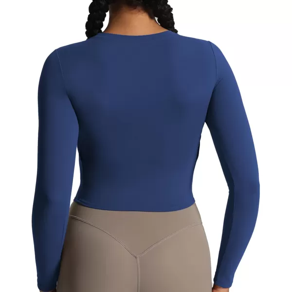 Aoxjox Long Sleeve TShirt for Women GEO Seamlines Padded Curve Longline Workout Crop TopBellwether Blue