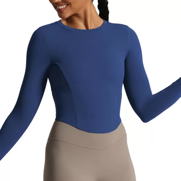 Aoxjox Long Sleeve TShirt for Women GEO Seamlines Padded Curve Longline Workout Crop TopBellwether Blue
