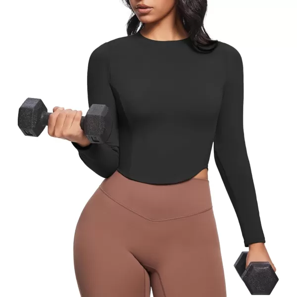 Aoxjox Long Sleeve TShirt for Women GEO Seamlines Padded Curve Longline Workout Crop TopBlack