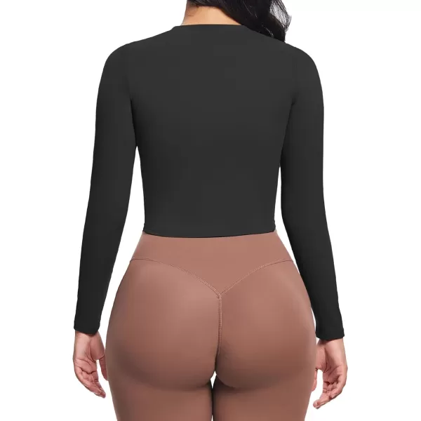 Aoxjox Long Sleeve TShirt for Women GEO Seamlines Padded Curve Longline Workout Crop TopBlack