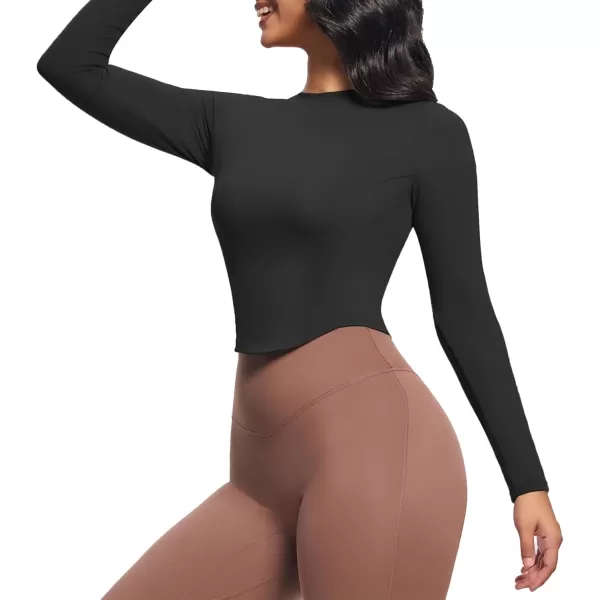 Aoxjox Long Sleeve TShirt for Women GEO Seamlines Padded Curve Longline Workout Crop TopBlack