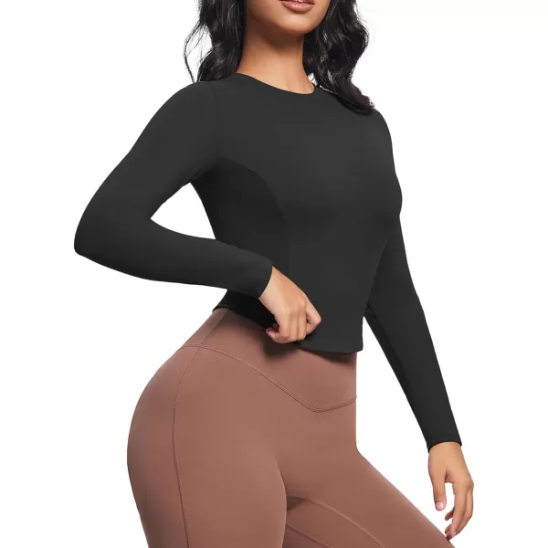 Aoxjox Long Sleeve TShirt for Women GEO Seamlines Padded Curve Longline Workout Crop TopBlack
