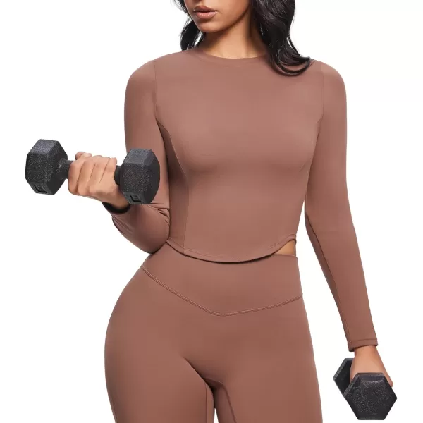 Aoxjox Long Sleeve TShirt for Women GEO Seamlines Padded Curve Longline Workout Crop TopFudge Coffee