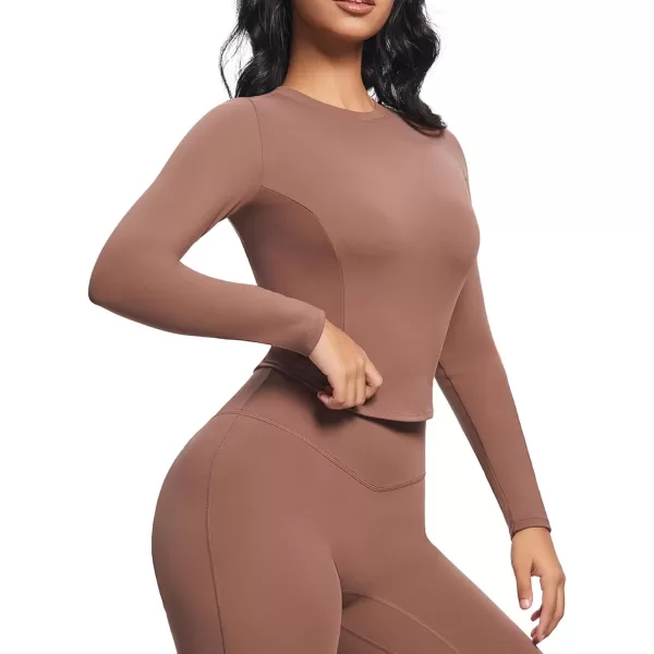 Aoxjox Long Sleeve TShirt for Women GEO Seamlines Padded Curve Longline Workout Crop TopFudge Coffee