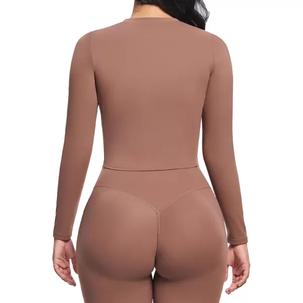 Aoxjox Long Sleeve TShirt for Women GEO Seamlines Padded Curve Longline Workout Crop TopFudge Coffee