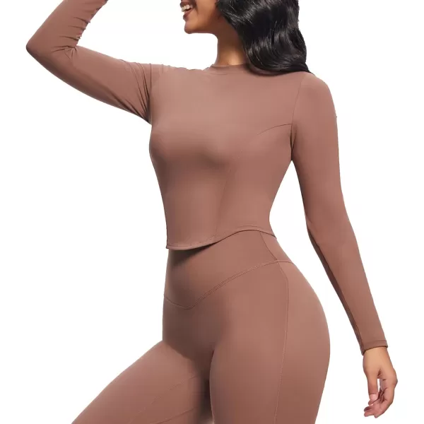 Aoxjox Long Sleeve TShirt for Women GEO Seamlines Padded Curve Longline Workout Crop TopFudge Coffee