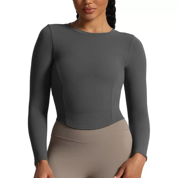 Aoxjox Long Sleeve TShirt for Women GEO Seamlines Padded Curve Longline Workout Crop TopIron Grey