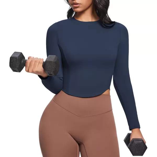 Aoxjox Long Sleeve TShirt for Women GEO Seamlines Padded Curve Longline Workout Crop TopNavy