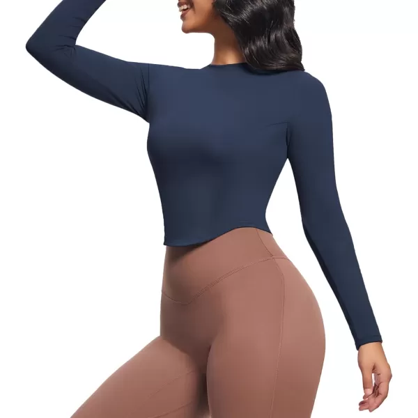 Aoxjox Long Sleeve TShirt for Women GEO Seamlines Padded Curve Longline Workout Crop TopNavy
