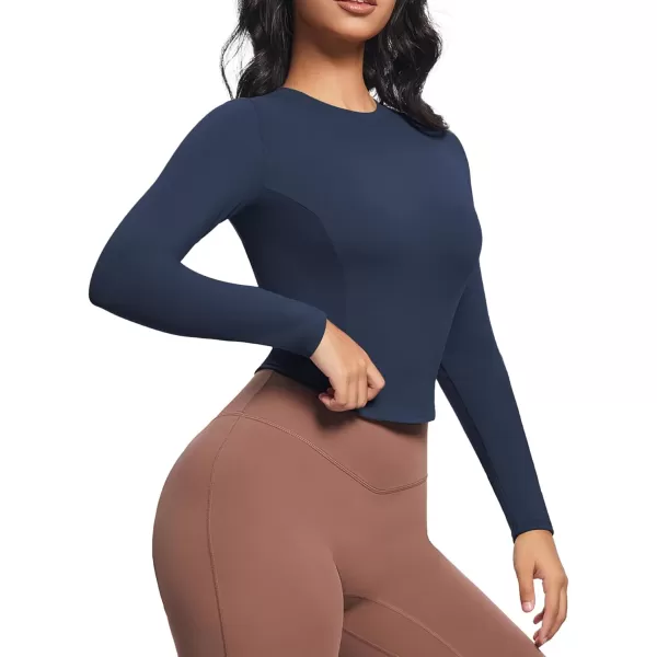 Aoxjox Long Sleeve TShirt for Women GEO Seamlines Padded Curve Longline Workout Crop TopNavy