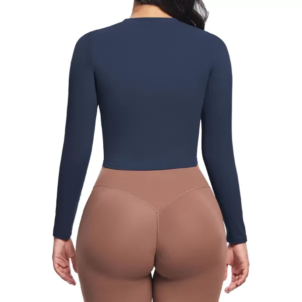 Aoxjox Long Sleeve TShirt for Women GEO Seamlines Padded Curve Longline Workout Crop TopNavy