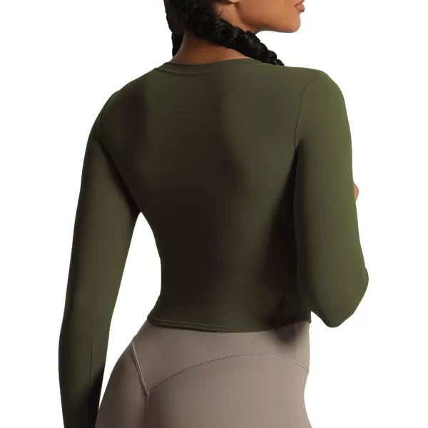 Aoxjox Long Sleeve TShirt for Women GEO Seamlines Padded Curve Longline Workout Crop TopOlive Green
