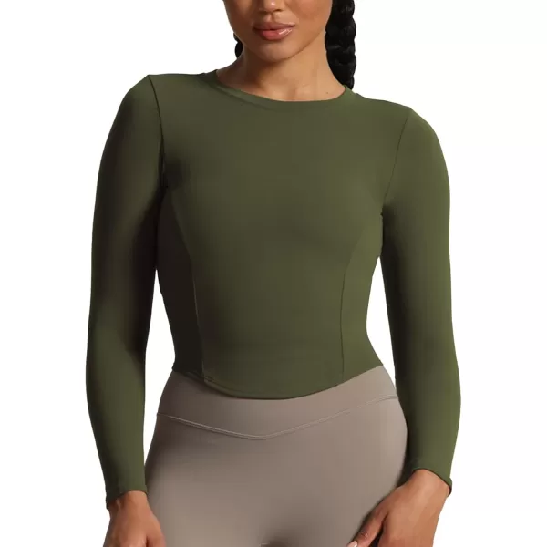 Aoxjox Long Sleeve TShirt for Women GEO Seamlines Padded Curve Longline Workout Crop TopOlive Green