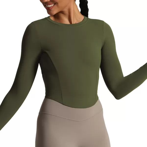 Aoxjox Long Sleeve TShirt for Women GEO Seamlines Padded Curve Longline Workout Crop TopOlive Green