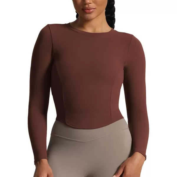 Aoxjox Long Sleeve TShirt for Women GEO Seamlines Padded Curve Longline Workout Crop TopRum Raisin