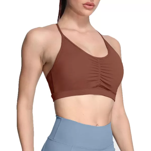 Aoxjox Sports Bras for Women Workout Fitness Ruched Training Baddie Cross Back Yoga Crop Tank TopDandelion Brown