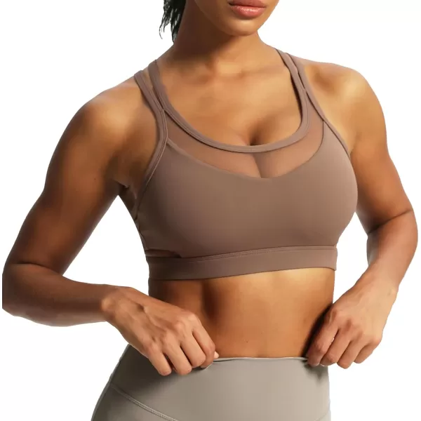 Aoxjox Womens Workout Sports Bras Kendal Cutout Mesh CrossBack Fitness Padded Gym Bra Yoga Crop Tank TopFudge Coffee